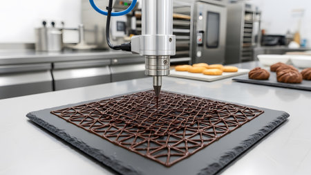 An automated chocolate dispenser precisely creates an intricate brown lattice pattern on a dark...