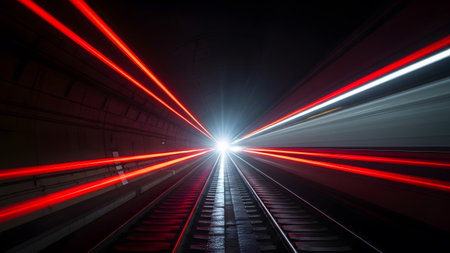 Stock showing bright light burst at the end of a train tunnel with red and white motion streaks...