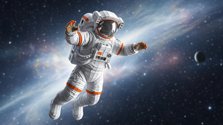 Planet showing astronaut floating in outer space with a distant nebula and planet in the...