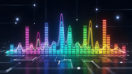 A vibrant sound equalizer with colorful bars and a glowing waveform pulses on a dark, reflective...の写真素材