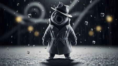 A small, cartoonish creature wearing a trench coat and fedora stands in heavy rain with water...の写真素材