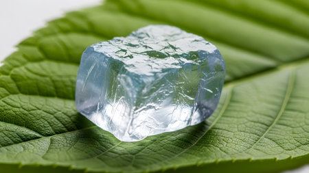 Aquamarine showing blue aquamarine crystal gemstone on a textured green leaf surface.の写真素材