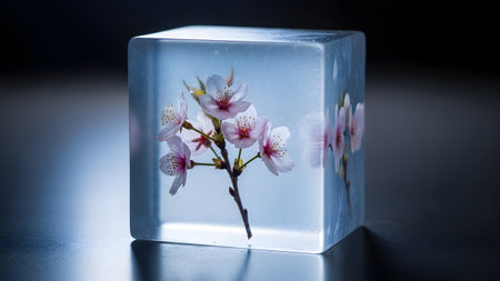 Branch showing cherry blossom branch frozen inside clear ice cube with reflections.