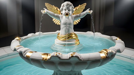 Stock showing cherub fountain with golden wings and flowing water in dramatic lighting.の写真素材