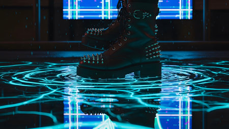 Punk showing close-up of spiked punk boots in a neon blue glowing puddle with reflections.