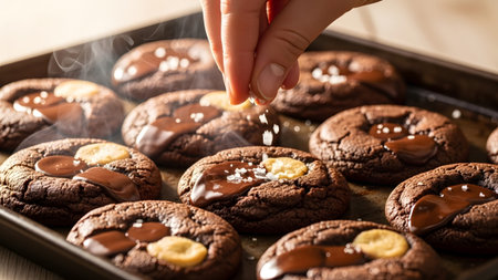 Sprinkled showing close up of freshly baked chocolate cookies with melted chocolate and sea salt...