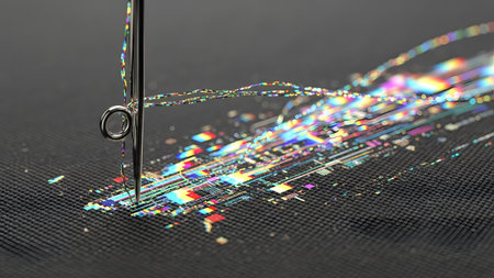 Dark showing close up of a sewing needle with colorful digital threads creating a glitch effect...