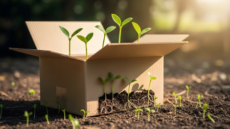 Cardboard showing cardboard box with seedlings growing from soil and roots visible outdoors....