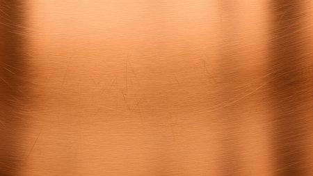 Light showing close-up of a brushed copper metal surface with fine scratches and soft light....
