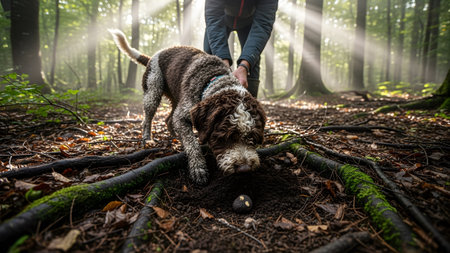(630) showing brown and white dog finding a truffle in a misty forest with sunbeams shining...