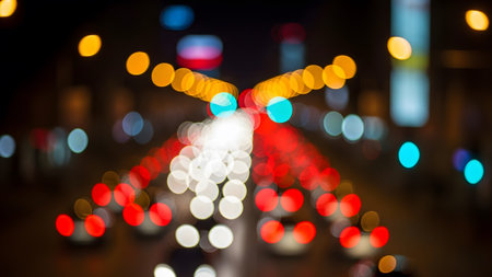 Softly blurred city lights and car taillights create a vibrant bokeh effect on a dark street.