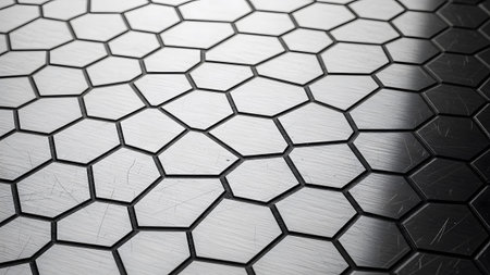 A close-up view of hexagonal tiles with a brushed metal texture, showcasing dramatic light and...