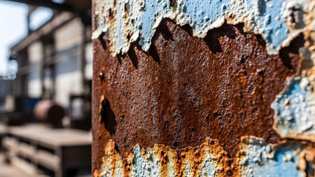 Rusted showing close-up of rusted metal with peeling blue paint in an industrial setting.