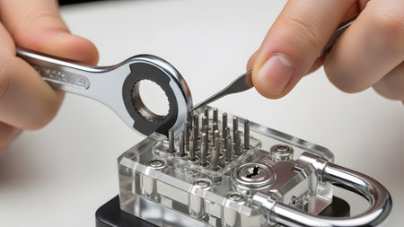 Characters showing close-up of hands practicing lock picking on a transparent padlock with tools...