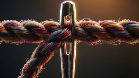 Multi-colored showing close-up of a thick, multi-colored braided rope threaded through a shiny...