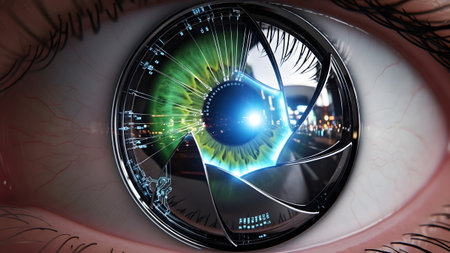 Iris showing close-up of human eye with futuristic camera lens iris and circuitry.