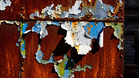 Close up of peeling blue and white paint on a rusty metal surface with visible rivets and texture.