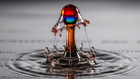 Rainbow-colored showing close-up of a rainbow-colored water splash forming a crown shape with a...の写真素材