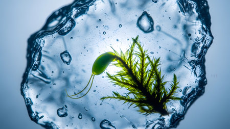 Microscopic showing close-up of a green organism with tendrils encased in clear ice with air...