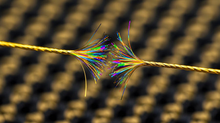 Threads showing close up of a frayed golden rope with colorful threads bursting from the break...