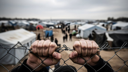 Overlooking showing close-up of hands tightly gripping a barbed wire fence overlooking a refugee...