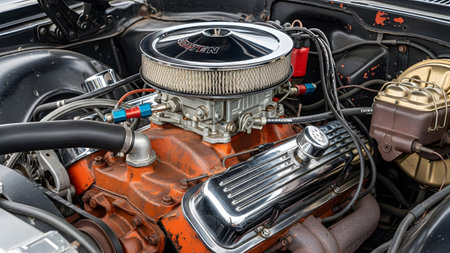 showing close-up of a vintage car engine with chrome air filter and orange block and valve...