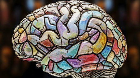 A detailed mosaic of a human brain constructed from pastel colored stained glass segments.