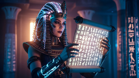Stock showing cyberpunk egyptian queen holding a glowing scroll with hieroglyphs in a temple....