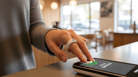 Screen showing close-up of hand wearing smart ring tapping on smartphone screen for contactless...