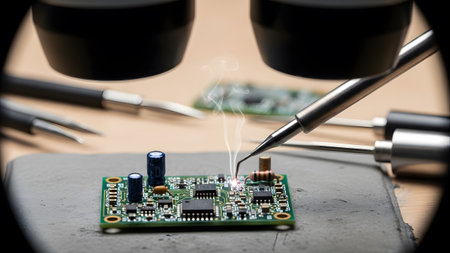 Board showing close-up of soldering a green circuit board with a soldering iron and smoke...