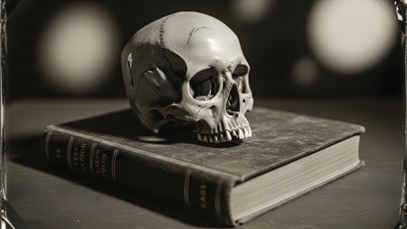 Skull showing close-up of a human skull on a textured antique book with soft bokeh background....の写真素材