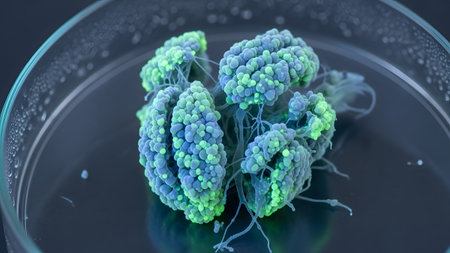 A cluster of small, round blue and green cellular structures with fine tendrils is presented in...の写真素材