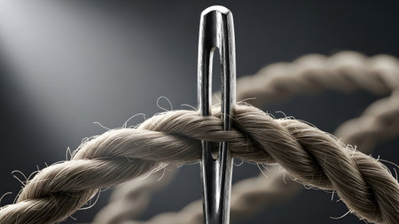 Thick showing close-up of a thick, coarse rope threaded through the eye of a polished metal...