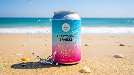 A cold drink can with a blue and pink gradient label sits on a sandy beach with ocean waves in...の写真素材