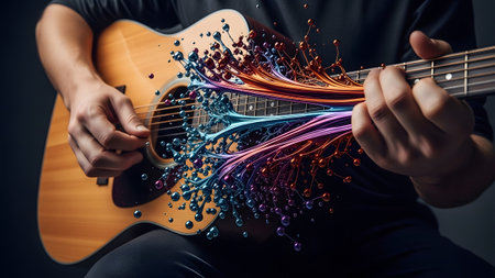 Fluid showing close-up of a person playing an acoustic guitar with colorful fluid streams...