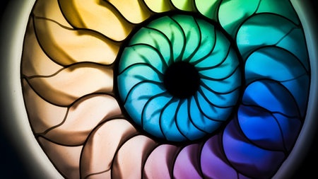 showing colorful stained glass nautilus shell spiral with rainbow hues and dark center....の写真素材