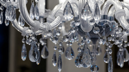 A clear crystal chandelier cascading teardrop and round prisms, reflecting light with detail.の写真素材