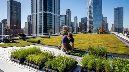 Installing showing construction workers installing green roof sections and plants on a high-rise...の写真素材