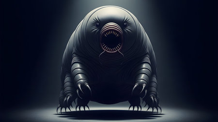 Dark showing close-up of a monstrous tardigrade with sharp teeth and claws in dark lighting....