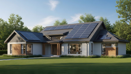 Residence showing contemporary residence with solar panels on the roof surrounded by greenery....