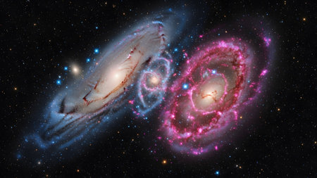 Two interacting spiral galaxies display colorful pink and blue nebulae and bright stars against...