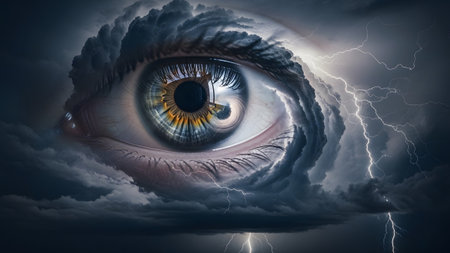 A dramatic close-up of a human eye with a storm cloud effect and lightning flashes illuminating...の写真素材