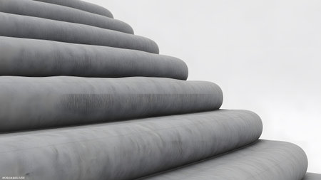 Against showing curved concrete steps ascend in a minimalist architectural composition against a...