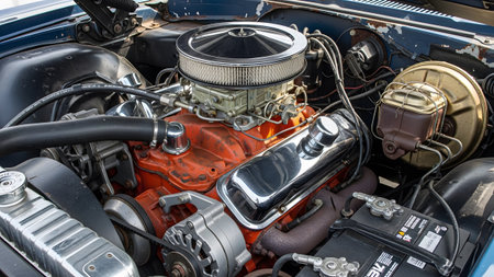 View showing detailed view of a classic american v8 car engine with chrome and orange...