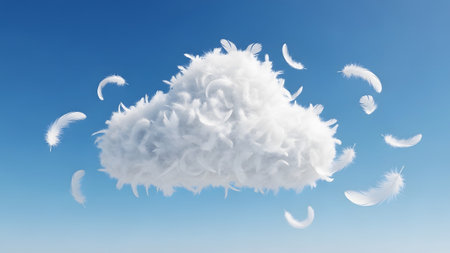 A dense, fluffy white cloud composed of many feathers, with individual feathers scattered...