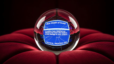 Screen showing cracked glass sphere with blue screen of death error message on red quilted...