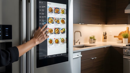 Smart showing hand touching a smart refrigerator screen displaying a recipe app with food in a...