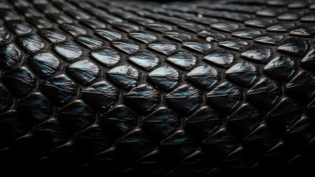 Texture showing dark black reptile skin texture macro view with detailed scales and subtle...の写真素材