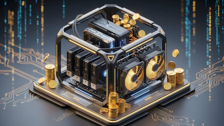 An isometric depiction of a cryptocurrency mining rig with gold coins and glowing circuit...