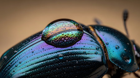 A highly detailed macro an iridescent beetle's back covered in tiny water droplets with a large,...